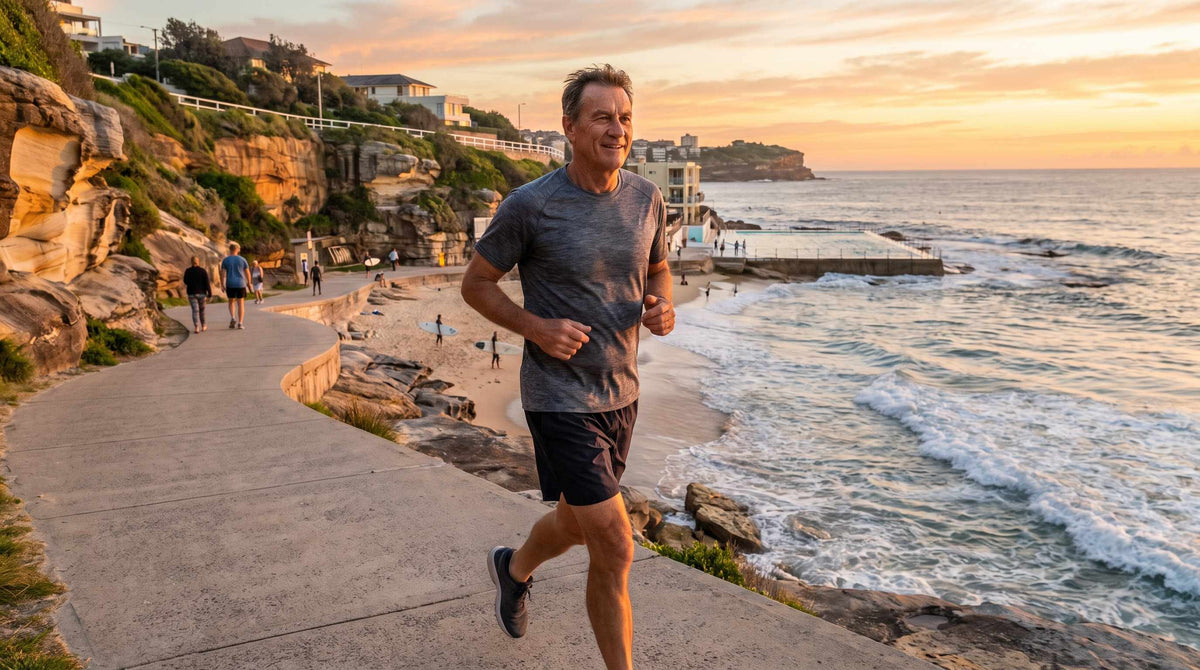 Australian man jogging Bondi Beach coastal path, active lifestyle with incontinence