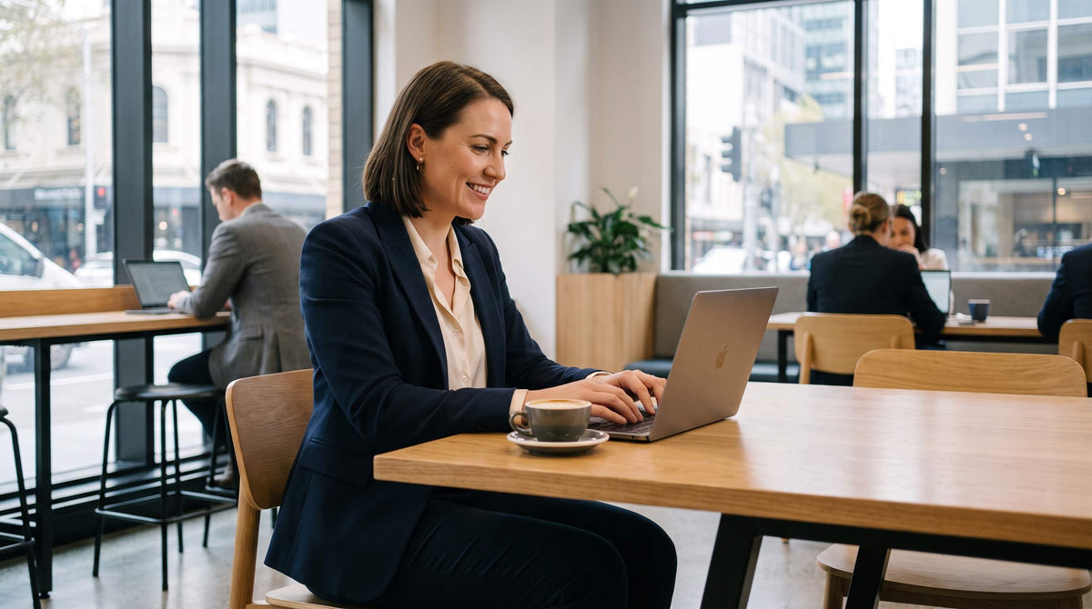 Australian working mum managing postpartum incontinence confidently at office