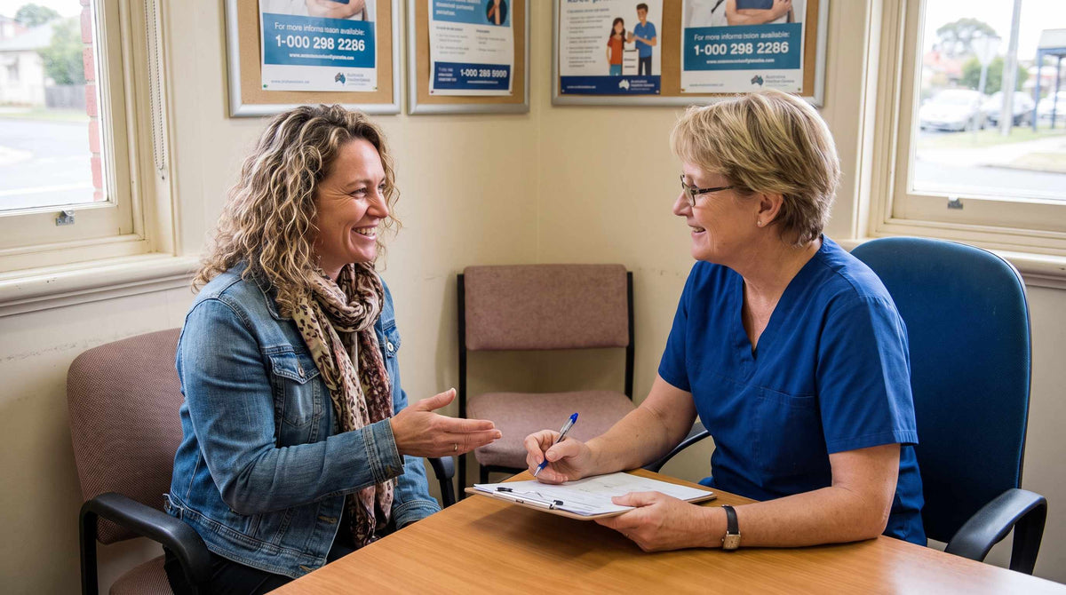 Australian woman discussing bladder leaks with female GP at Medicare clinic