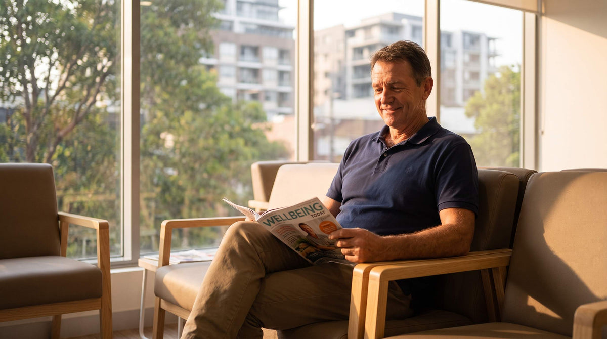 Australian man in GP waiting room discussing incontinence options with urologist