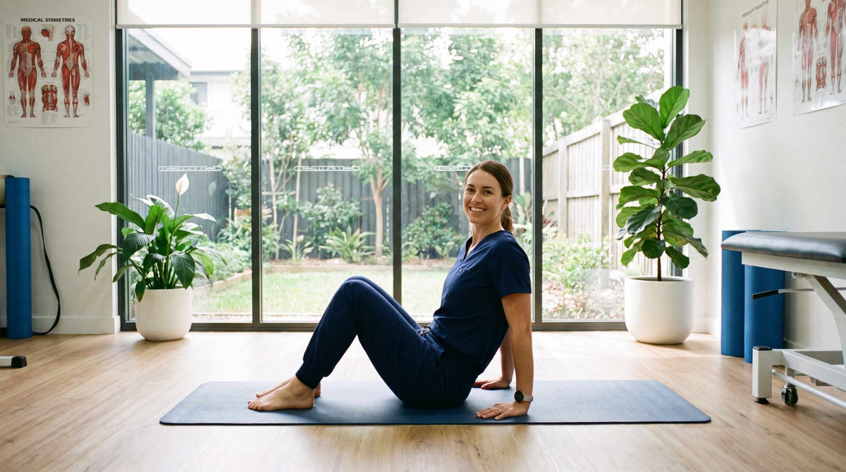 Australian physiotherapist demonstrating pelvic floor exercises in Brisbane clinic