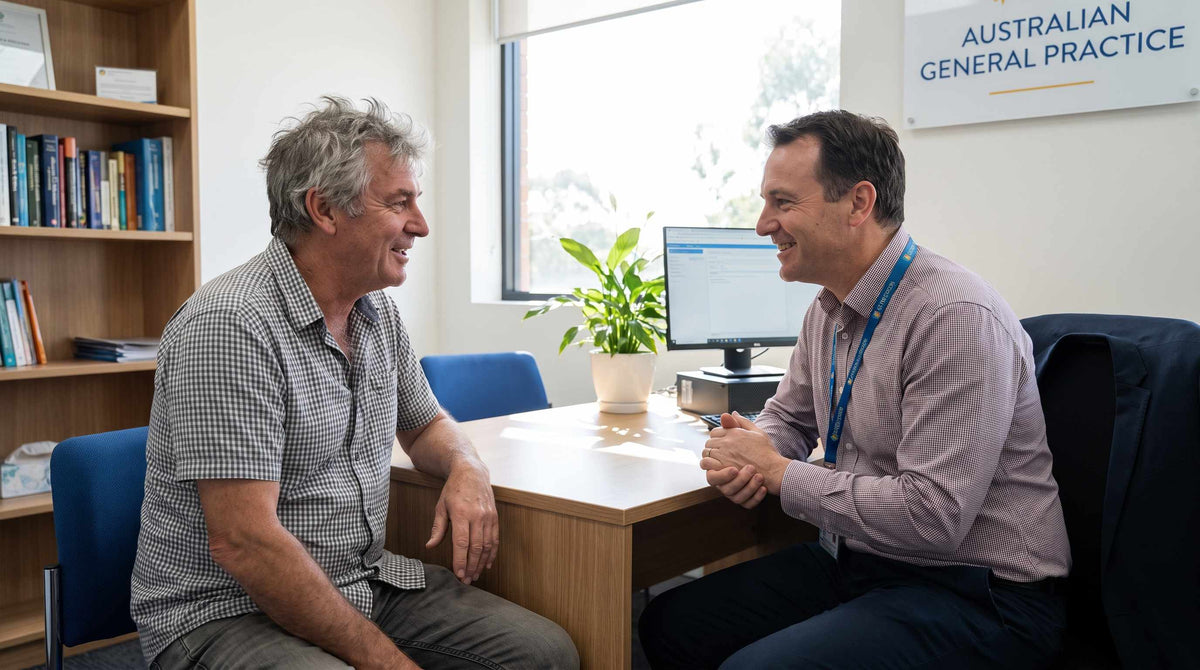 Australian man discussing incontinence questions privately with his GP