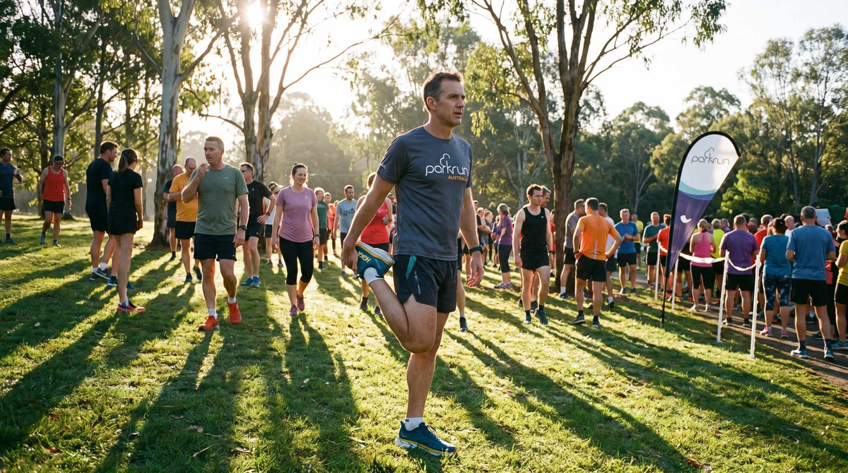 Australian man stretching before Parkrun wearing light sport incontinence boxer
