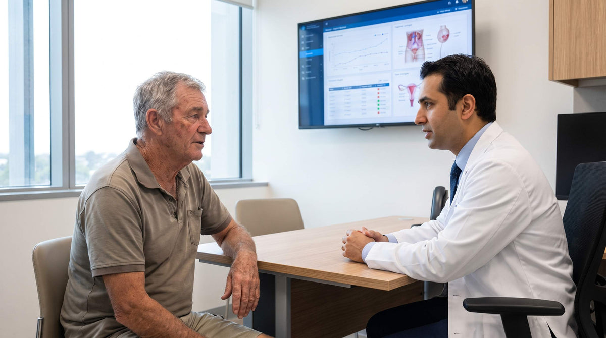 Australian man consulting urologist about overflow incontinence symptoms