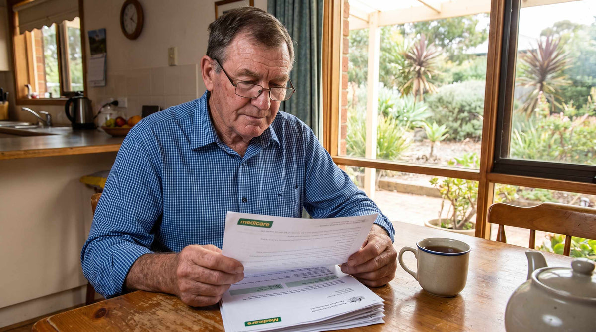 Australian man reviewing Medicare claims for post-prostatectomy recovery